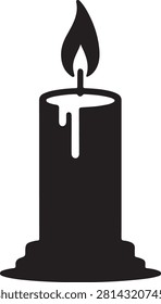 A clean, high-contrast graphic icon of a single pillar candle set on a small base. The candle is depicted in solid black with a stylized flame on top and a trail of melting wax running down its side, isolated against a plain white background.