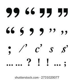 A clean, high-contrast image displays various punctuation marks used in written language and typography. The black symbols, including different styles of double and single quotation marks, commas, apostrophes, semicolons, question marks, exclamation marks, and ellipses, are arranged neatly on a plain white background. This collection illustrates the diverse range of symbols essential for proper grammar and textual communication.