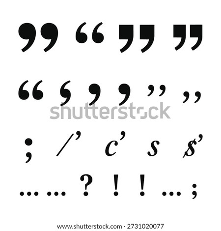 A clean, high-contrast image displays various punctuation marks used in written language and typography. The black symbols, including different styles of double and single quotation marks, commas, apostrophes, semicolons, question marks, exclamation marks, and ellipses, are arranged neatly on a plain white background. This collection illustrates the diverse range of symbols essential for proper grammar and textual communication.