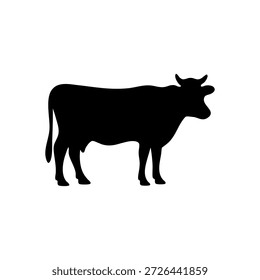 A clean, high-contrast vector silhouette of a cow standing in profile with horns, ears, and tail clearly defined. Perfect for logos, icons, agricultural graphics, dairy branding, and educational materials. Minimalist design ensures clarity and versatility for print, digital, and merchandise use.