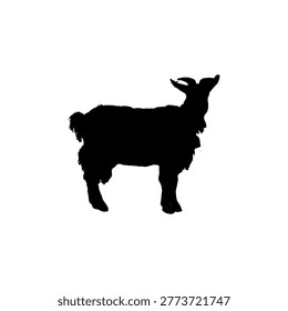 A clean, high-contrast vector silhouette of a shaggy-haired goat. This minimalist design focuses on the unique texture of the long coat and the classic profile of a farm animal, making it perfect for agricultural branding, rural logos, or pastoral-themed illustrations.