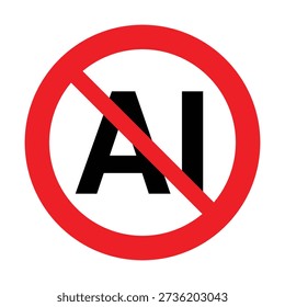 A clean, high-impact vector regulatory icon designed to communicate the prohibition of Artificial Intelligence usage. The design features the black capital letters "AI" centered within a classic bold red circle with a diagonal strikethrough, providing immediate universal recognition for no-AI policies. This professional asset is essential for digital platform terms of service, creative community guidelines, research facility documentation, and custom signage for environments where automated data processing or AI generation is restricted.