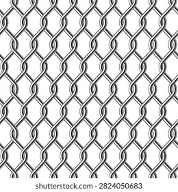 A clean, high-precision vector pattern displaying a classic metallic chain-link fence mesh isolated on a white background. The geometric design features intertwining silver steel wires that create a perfectly seamless and repeatable grid texture. This versatile industrial graphic asset is ideal for security website backgrounds, architectural rendering fills, prison or military themed poster designs, and urban manufacturing branding materials.#ChainLinkFence #SeamlessPattern #WireMeshGrid #IndustrialTexture #MetalFenceVector #SecurityBarrier #SteelMeshPattern #BackgroundTexture #GeometricGrid #IndustrialDesign