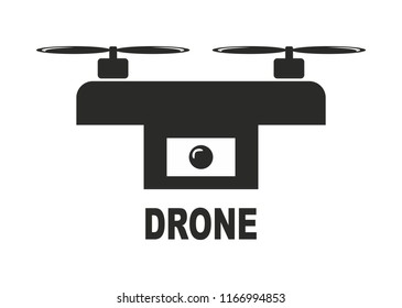 A clean, high-quality black-and-white vector illustration of a modern quadcopter drone. The graphic features a simplified silhouette of a drone body equipped with a central camera lens and two visible overhead rotors. Below the icon, the word "DRONE" is written in a bold, sans-serif typography. Set against a stark white background, this minimalist design utilizes high contrast to create a clear and easily recognizable symbol. This digital graphic is ideal for technical manuals, safety signage, technology blog icons, app interfaces, and educational materials focused on unmanned aerial vehicles (UAVs) and modern photography equipment.