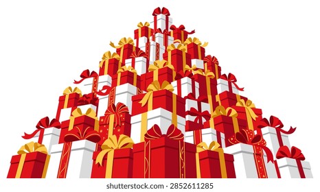 A clean, high-quality vector-style illustration featuring a massive stack of wrapped presents arranged in a triangular or pyramid shape. The gifts are wrapped in alternating red and white paper, decorated with vibrant gold and red ribbons and large bows. The perspective is from a low-angle viewpoint, giving the pile an imposing and grand appearance. The entire composition is isolated against a plain white background, making it ideal for holiday marketing and seasonal greetings.