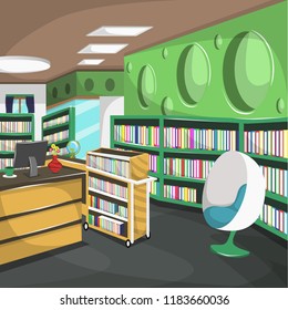 Clean Highscool Library College Room with cupboard full of books and Lounge chairs for Cartoon Vector Illustration Interior