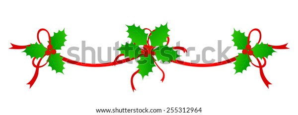 Clean Holly leaves and berries\
with red ribbons Christmas decoration /holiday border\
/divider