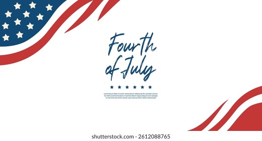 Clean horizontal Fourth of July banner with waving patriotic flag accents and central modern typography