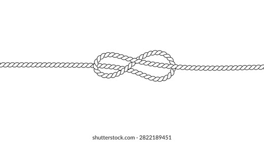 A clean horizontal illustration of a single rope featuring a prominently tied figure eight knot at its center on a white background.