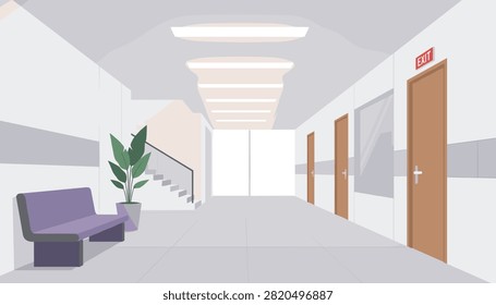 Clean hospital corridor interior featuring a purple waiting bench, indoor plant, staircase, doors, and an exit sign.