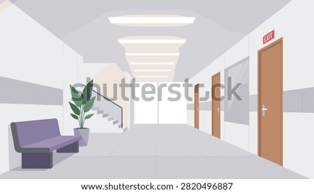 Clean hospital corridor interior featuring a purple waiting bench, indoor plant, staircase, doors, and an exit sign.