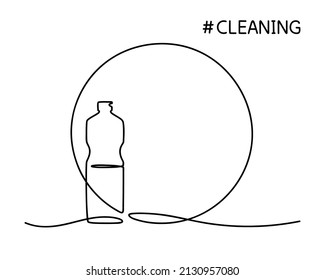 Clean House. Bottle in circle, Plastic container for Cleaning product. Bottle of detergent. Continuous single line drawing icon. Vector