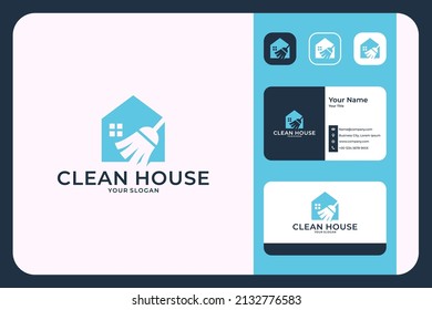 clean house with broom logo design and business card