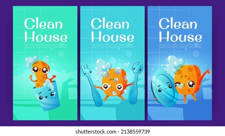 Clean house cartoon posters with cute cleaning sponge characters holding fork and spoon, hug with plate and wash cup at kitchen tiled wall background and flying foam bubbles, Vector illustration