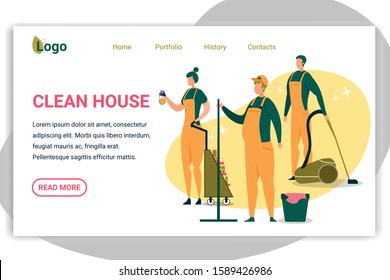 Clean House Company Website Banner Vector Illustration. Man and Woman Staff with Professional Equipment for Household Chores. Characters Holding Mop with Bucket, Vacuum Cleaner and Detergents.