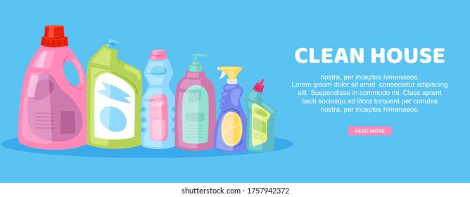 Clean House, Inscription On Bright Banner,internal Housework, Advertising Household, Design In Cartoon Style Vector Illustration. Main Page Website, Equipment, Detergent For Mopping And Cleaning.