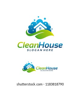 Clean House Logo Designs With Nature Leaf, Cleaning Service Logo Vector