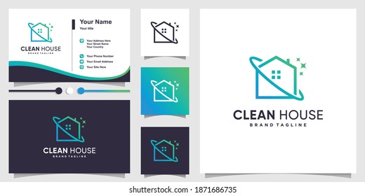 Clean house logo with modern line art style and business card design Premium Vector