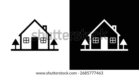 Clean house outline shown with windows, a door, chimney, and two trees. Images are split with inverse color schemes over the backgrounds.