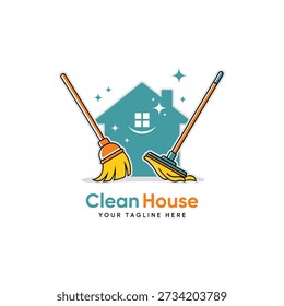 clean house service logo featuring a house silhouette, a mop, and a broom with sparkling stars. Ideal for residential cleaning companies, home maintenance, housemaid, and janitorial services. sstkSeasons