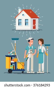 Clean House Vector Concept Design. Cleaning Workers Characters And Cleaning Equipment With Shining Clean House In Trendy Flat Design. Friendly Smiling Adult Janitor Workers Standing