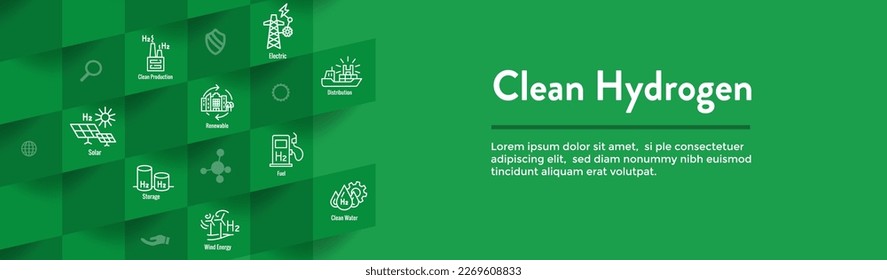 Clean Hydrogen Production for Green Energy Icon Set and Web Header Banner