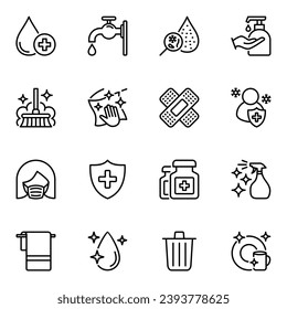 Clean and hygiene line icons set. virus, dust, hygiene, disease, household, outline, protection, drop, liquid, medical, human, infection, dirty, faucet, housekeeping, towel, tap