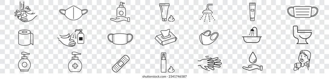 Clean Hygiene Washing hands Bath Mask Shower editable icon set collection vector illustration