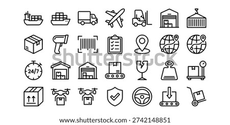 A clean hyperminimalist set of 20 outline vector icons for logistics global shipping and supply chain management UI Features uniform 2px line weights and zero fill Includes transport warehouse and delivery tracking symbols