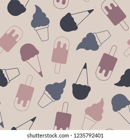 Clean ice cream pattern on beige background in neutral muted colors, seamless vector repeat. Trendy graphic style.
