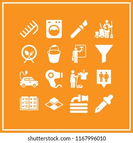 clean icon. 16 clean vector set. hose, painting brush, tiles and plate with fork and knife cross icons for web and design about clean theme