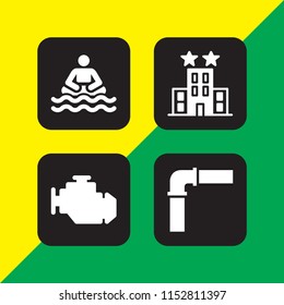 clean icon. 4 clean set with sea, hotel, pipe and motor vector icons for web and mobile app