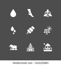 clean icon. 9 clean set with water, solar panel, feet and droplet vector icons for web and mobile app