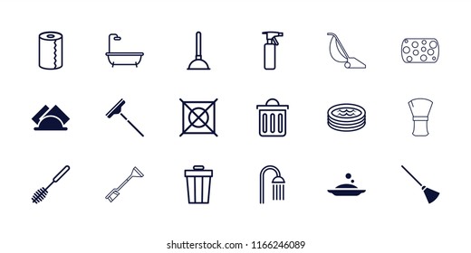 Clean icon. collection of 18 clean filled and outline icons such as napkin, spray bottle, plunger, shower, toilet brush, paper towel. editable clean icons for web and mobile.