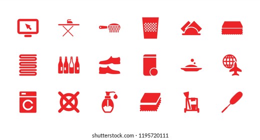Clean icon. collection of 18 clean filled icons such as bottle, washing machine, man shoe, soap, napkin, display pointer, hair brush. editable clean icons for web and mobile.
