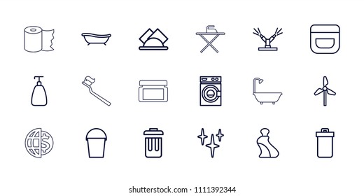 Clean icon. collection of 18 clean outline icons such as trash bin, soap, cream tube, cream, washing machine, bucket, mill, bath, bin. editable clean icons for web and mobile.