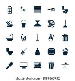 Clean icon. collection of 25 clean filled icons such as towels, hair brush, cream, plunger, window squeegee, trash bin, shower, soap. editable clean icons for web and mobile.