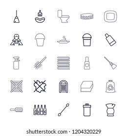 Clean icon. collection of 25 clean outline icons such as bottle, trash bin, shower, cotton buds, brush, cream tube, broom, bucket. editable clean icons for web and mobile.