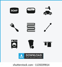 Clean icon. collection of 9 clean filled icons such as cotton buds, soap, trash bin, cloth hanging, car wash, washing machine, towels. editable clean icons for web and mobile.