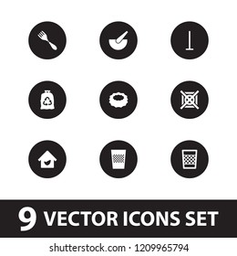 Clean icon. collection of 9 clean filled icons such as trash bin, eco house, no dry cleaning, fork, bucket, mop, sponge. editable clean icons for web and mobile.