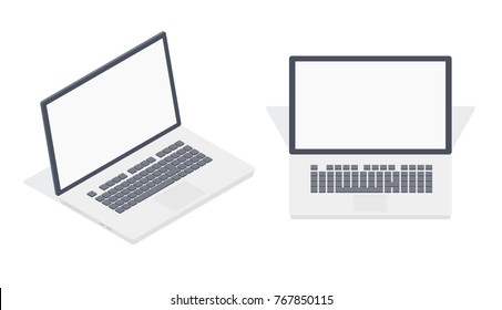 Clean icon of isometric vector laptop computer, up view, design mockup illustration isolated on white background