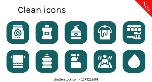  clean icon set. 10 filled clean icons. Simple modern icons about  - Charcoal, Mouthwash, Soap, Bucket, Toothbrush, Towel, Water, Cleaning spray, Bath, Paint drop