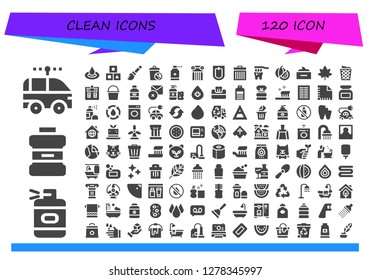  clean icon set. 120 filled clean icons. Simple modern icons about  - Electric car, Spray bottle, Mouthwash, Droplet, Cubes, Broomstick, Trash, Antiseptic, Column, Bidet, Tooth
