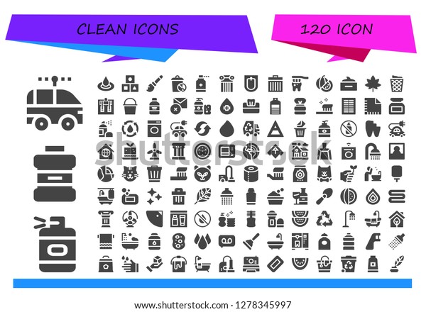 \
clean icon set. 120 filled clean icons. Simple modern icons about \
- Electric car, Spray bottle, Mouthwash, Droplet, Cubes,\
Broomstick, Trash, Antiseptic, Column, Bidet,\
Tooth