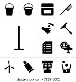 Clean icon. set of 13 filled clean icons such as bucket, mill, cream, cream tube, window squeegee, toothbrush, mop, trash bin, hands washing, globe and plane