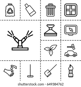 Clean icon. set of 13 outline cleanicons such as window, brush, cream tube, mop, dustpan, window squeegee, car wash, trash bag, leaf, hands washing, watering system, trash bin