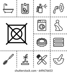 Clean icon. set of 13 outline cleanicons such as trash bin, washing machine, cream tube, towels, shower, toilet brush, sponge, no dry cleaning, fork and knife, spray bottle