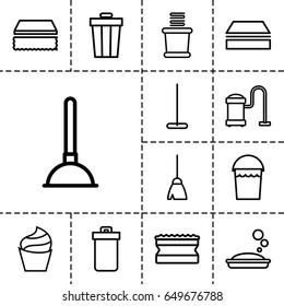 Clean icon. set of 13 outline cleanicons such as trash bin, cream, soap, plunger, broom, mop, bucket, sponge, vacuum cleaner