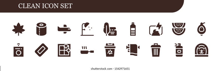 clean icon set. 18 filled clean icons.  Collection Of - Marijuana, Toilet paper, Airplane, Shower, Ink, Water bottle, Compost, Watermelon, Urinal, Washing machine, Soap icons