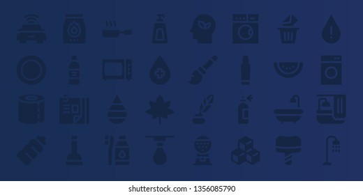 clean icon set. 32 filled clean icons. on blue background style Collection Of - Electric car, Dish, Toilet paper, Plastic bottle, Charcoal, Wine bottle, Curriculum vitae, Plunger